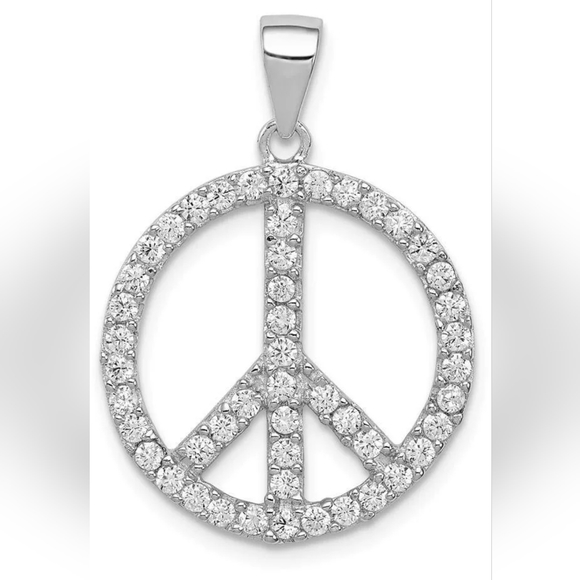 925 Sterling Silver Clear CZ Peace Sign Round Pendant Necklace For Women - 18" - Picture 3 of 3